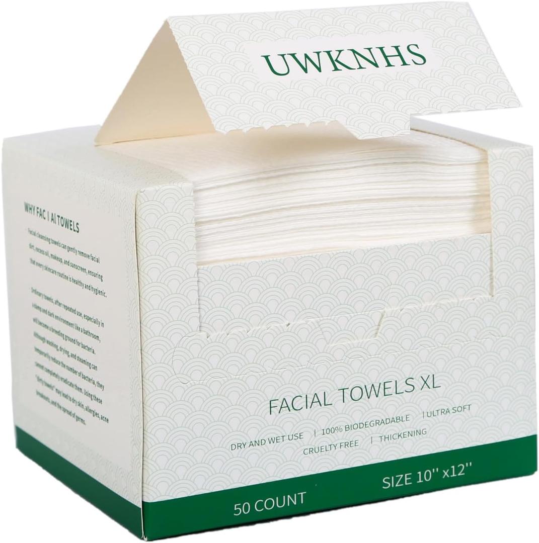 Disposable Facial Towels for Women - 50 Count Soft face Towels for Makeup Removal and Quick Cleansing - Clean and hygienic 10x12 inch