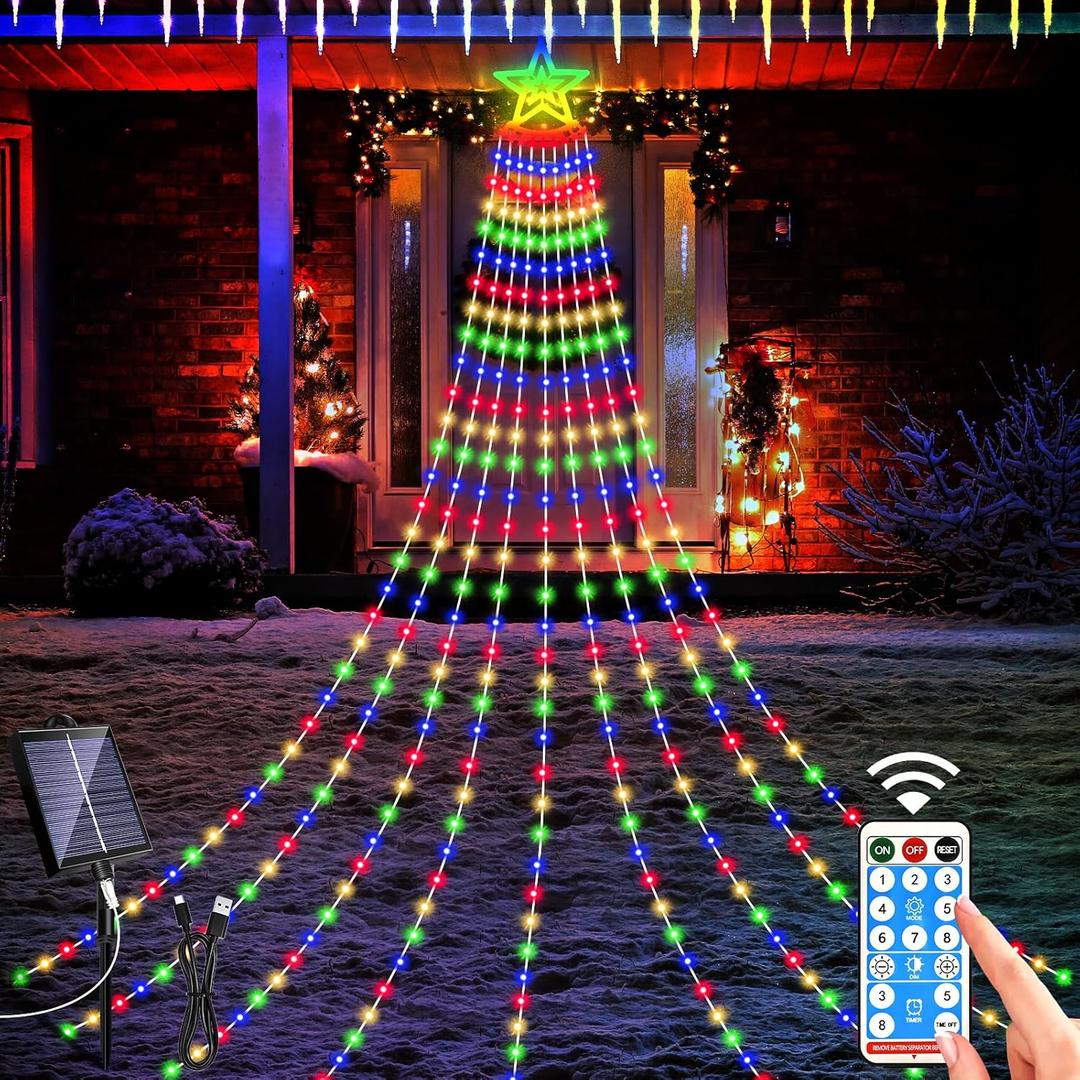 Solar Outdoor Christmas Decorations Lights, 350LED Christmas Star Tree Light wth Remote Control, 8 Modes Waterfall Lights USB Charge for Holiday Xmas Tree Patio Yard Decor, Multicolor (11.8 FT)