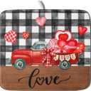 Valentine's Day Red Heart Truck Dish Drying Mat for Kitchen Counter, Black White Buffalo Plaid Love Drying Mat 16 x 18 Inch with Absorbent Reversible Microfiber Dish Drying Pad for Coffee Bar