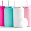 FECBK 6 Pack Glass Cups with Lids and Straws Unbreakable 16 oz Stainless Steel Can Cup Double Wall Insulated Beer Can Tumbler for Iced Coffee, Juice, Soda, Matte-Colored