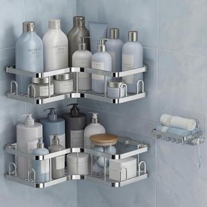 Veken Corner Adhesive Shower Caddy 3-Pack with Soap Holder&Hooks,No Drilling Shower Shelves,Rustproof & Waterproof Bathroom Organizers and Storage,Rack for Small Spaces, Kitchen&Rental-Friendly,Silver