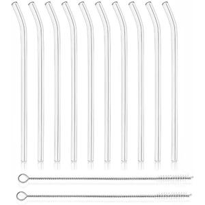 12 reusable glass straws, measuring 7 inches x 8 millimeters, including 10 curved straws and 2 straw brushes. High borosilicate glass for reusable straw brushes for juices, coffee, and cocktails