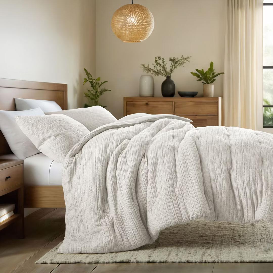Waffle Textured Comforter Set All Season Down-Alternative Ultra Soft Bedding - Becky Cameron, Dune, Full/Queen
