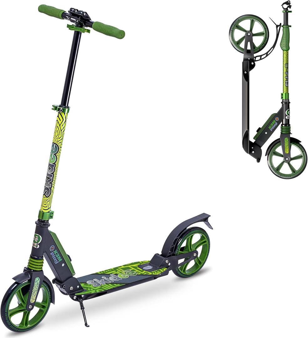 Skidee Adult & Teen Scooter Adjustable Height, Folding, Large Wheels, Lightweight, Durable, Anti-Shock Suspension, Up to 220 lbs (Python Green)