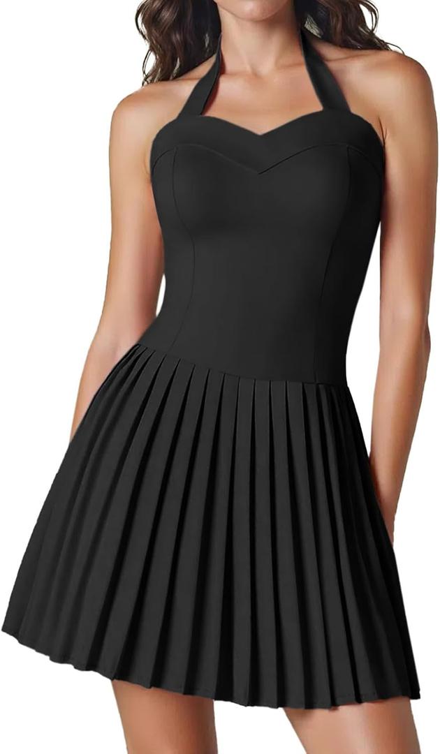 DRESSTELLS Homecoming Cocktail Dresses for Women, Mini Pleated Halter Short Wedding Guest Dress (Black, L)