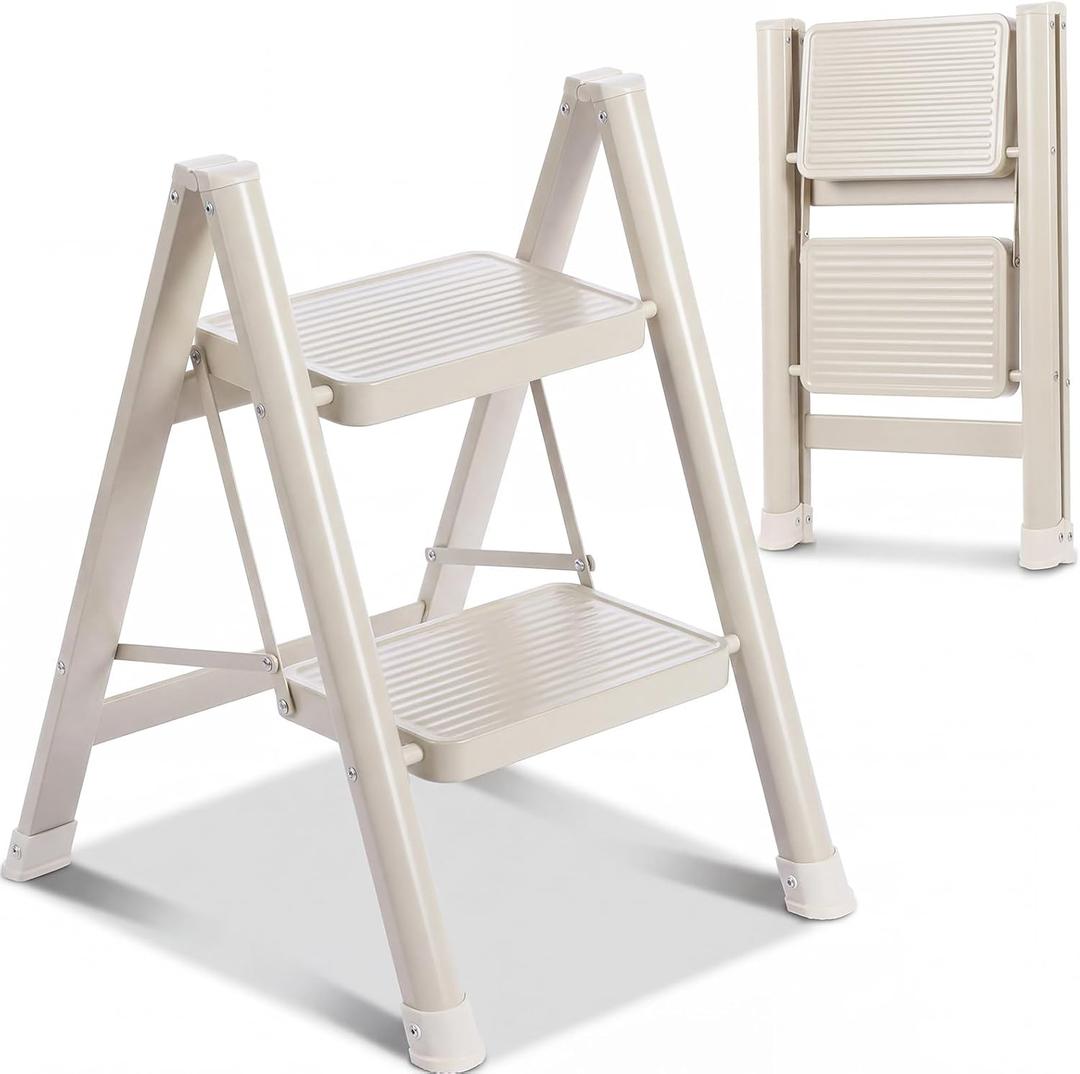 2 Step Ladder Lightweight Portable Folding Step Stool with Anti-Slip Wide Pedal 330lbs Capacity Carbon Steel Ladder for Household, Office, Library (White)