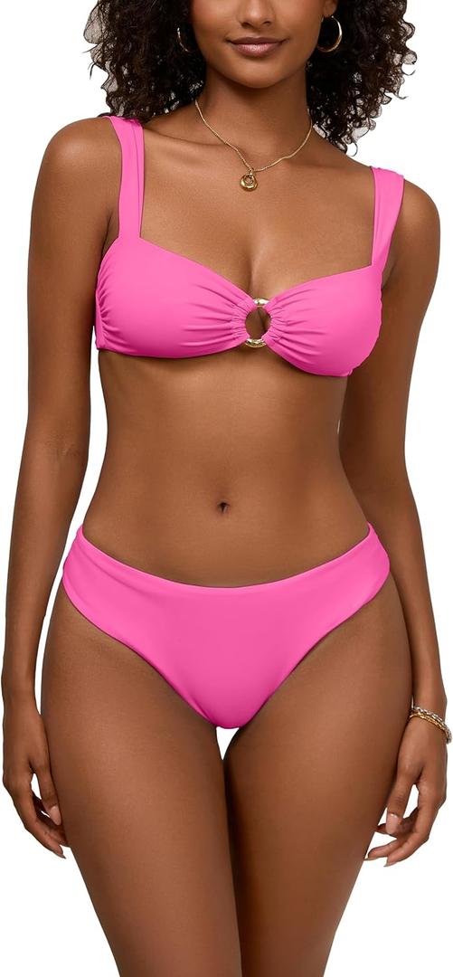 Mid Waisted Bikinik Sets for Women Brazilian High Cut Triangle Thong Swimsuit Sexy Scoop Neck O Ring Ruched Push Up 2 Piece Light Pink Swimwear(Pink, S)