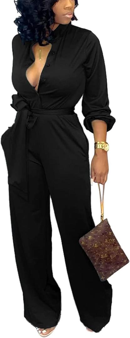 SxClub Jumpsuits for Women Formal Sexy Elegant Long Straight Pants Busineess Party Jumpsuit with Belt Pockets (Black, L)