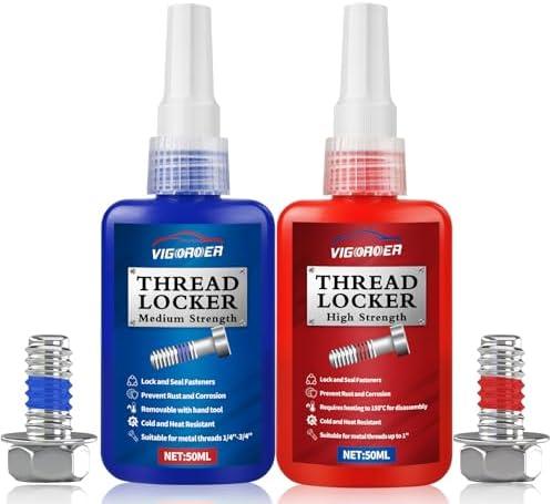 Vigorder Thread Lock Medium and High Strength, Thread Locker for Nuts, Bolts, Fasteners and Metals to Prevent Loosening and Leakage, Blue and Red, 2 Pack