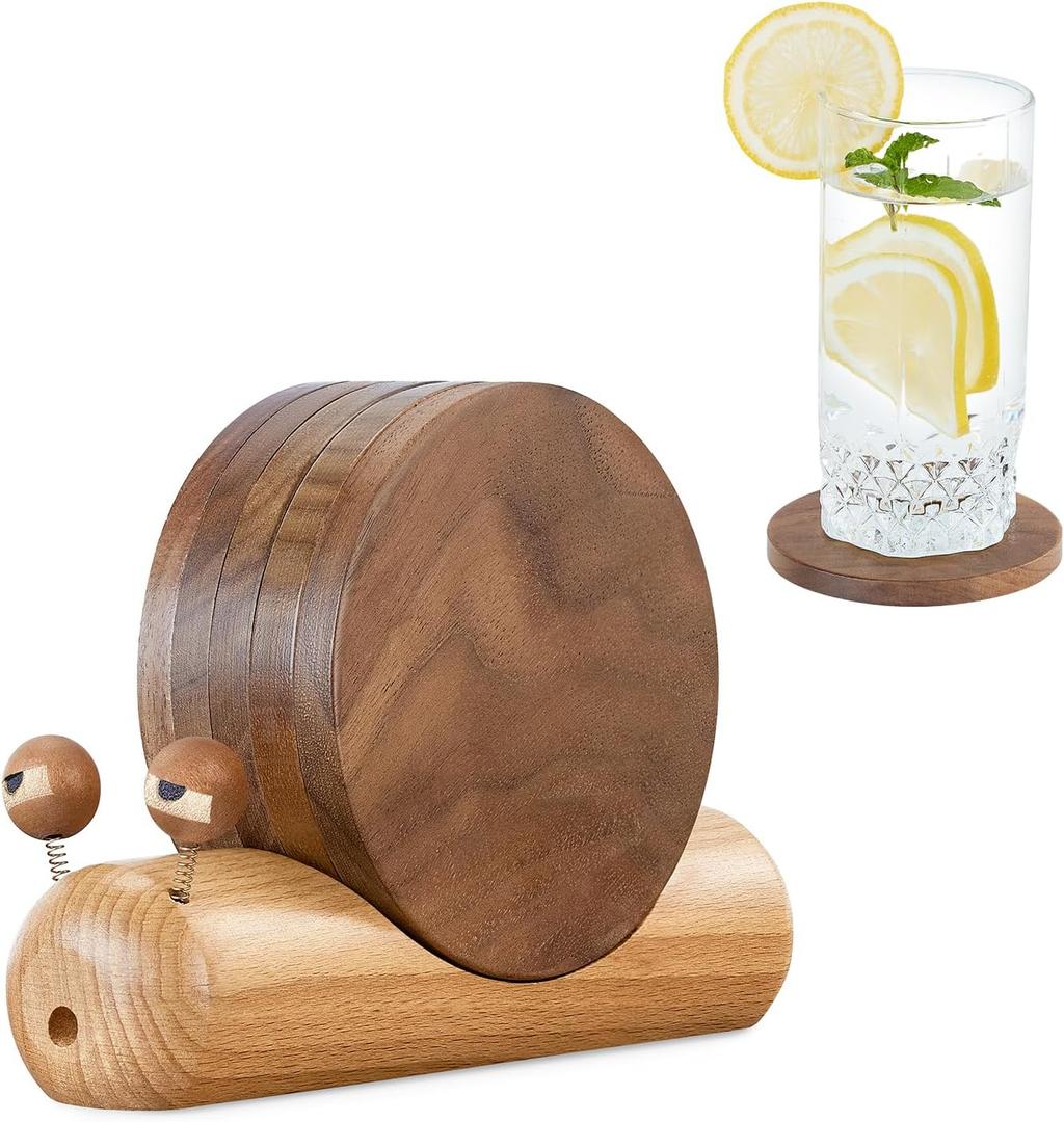 Wooden Coasters for Drinks-Natural Acacia Wood Drink Coaster with Magnetic for Coffee Table,Fun Cute Coasters with Holder for Modern Home Decor-Set of 5 (3.5*3.5 inches)