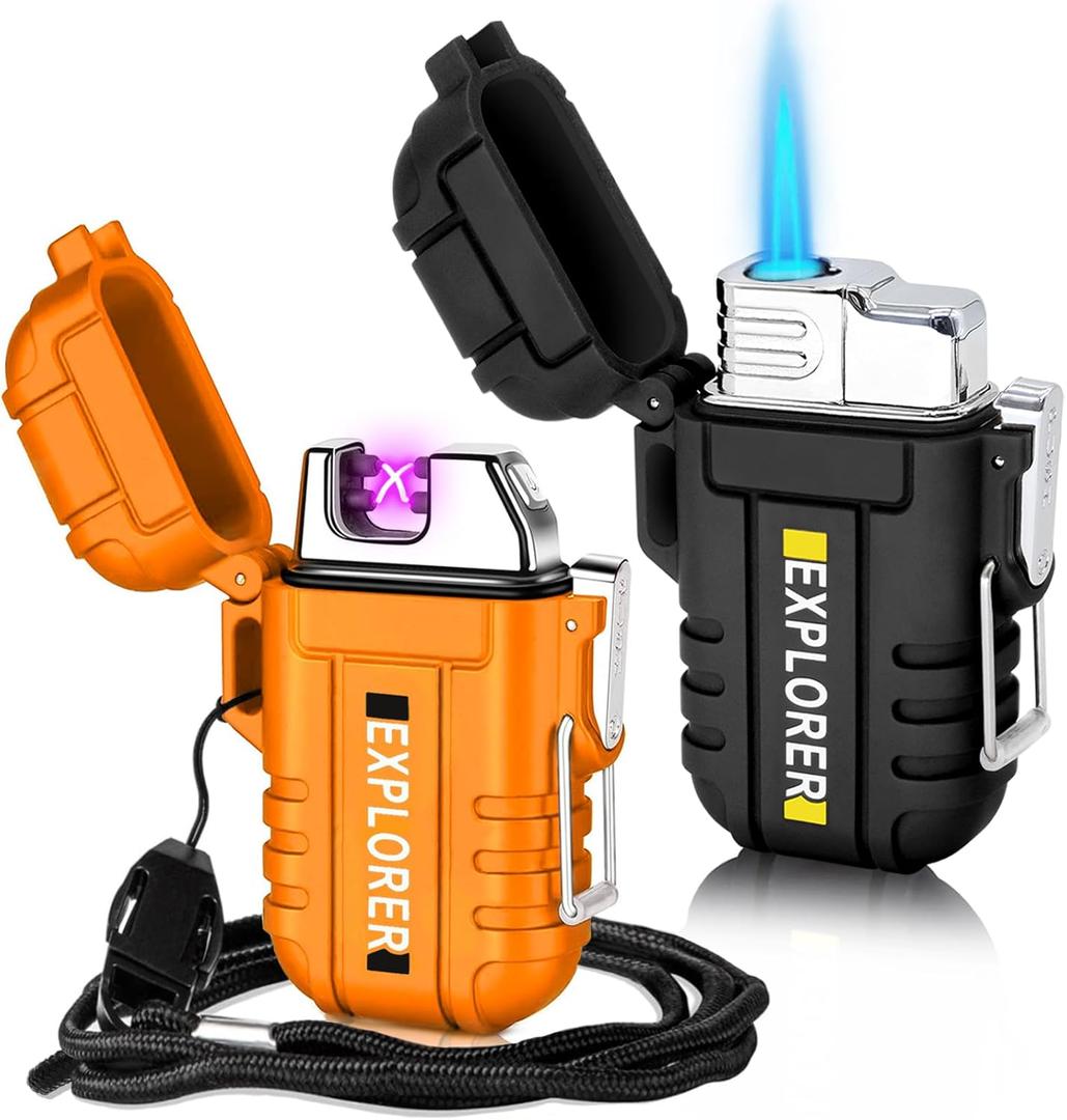 2 Pack Waterproof Lighter Outdoor Windproof Torch Lighters Dual Arc Butane Electric Lighters USB Rechargeable Lighters Flameless Plasma Lighter Camping Hiking Adventure Survival Tactical Gear (Orange+black)