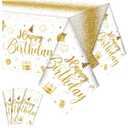 Tudomro 3 Pcs Happy Birthday Tablecloths Happy Birthday Party Decorations Plastic Table Cover Rectangular Cloths for Women Men Baby Shower Party Supplies, 108 x 54 Inch (White Gold)