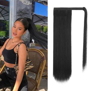 BARSDAR Natural Black Straight Wrap Ponytail Extension - 18 Inch Long Straight Wrap Around Ponytail Hair Extensions for Black Women, Synthetic Clip in Pony Tails Hairpieces Daily