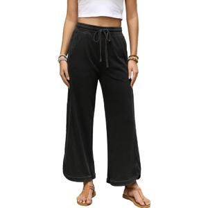 Gnveub Women's Yoga Pants Lightweight Wide Leg Sweatpants High Waisted Drawstring Loose Lounge Pant with Pockets (Medium, Black)