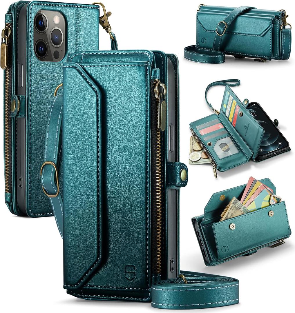 Wallet Case Compatible with iPhone 12 Pro Max RFID Blocking 10-Card Holder Soft PU Leather Magnetic Snap Shoulder Strap Zipper Pocket Phone Case Fit for iPhone 12 Pro Max - Blue Green