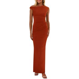 PRETTYGARDEN Women's 2026 Summer Formal Maxi Dresses Sleeveless One Shoulder Bodycon Ruched Mesh Wedding Guest Cocktail Dress (Orange, XL)