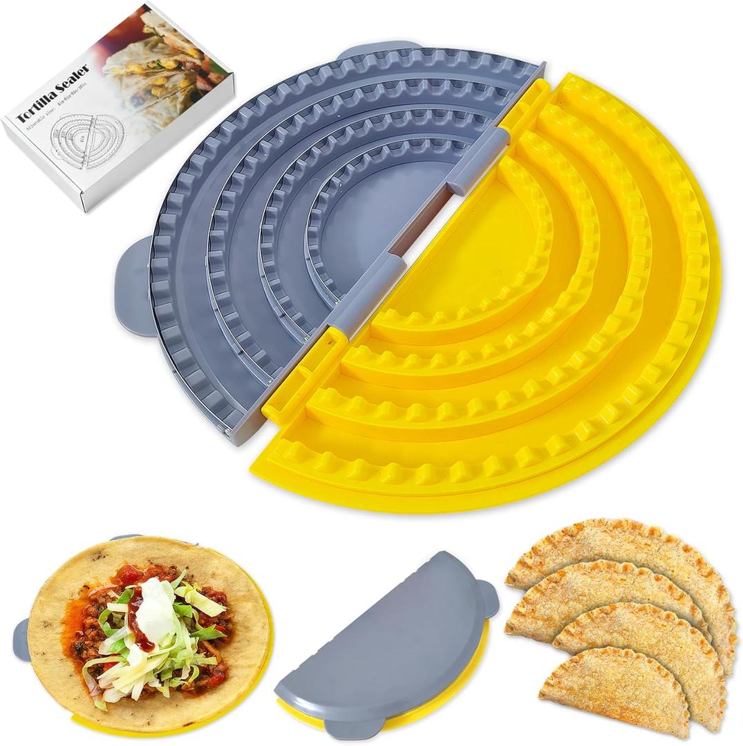 4-in-1 Tortilla Sealer Crimper Press  Adjustable 4"-6"-8"-10" Tortilla & Taco/Burrito Maker Tool with Metal Edge | Easy to Clean, BPA-Free, Durable & Fun for Family Cooking (Gray & Yellow)