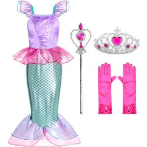 Little Girls Mermaid Princess Costume for Girls Dress Up Party with Gloves,Crown Mace (7-8 Years, Pink-29)
