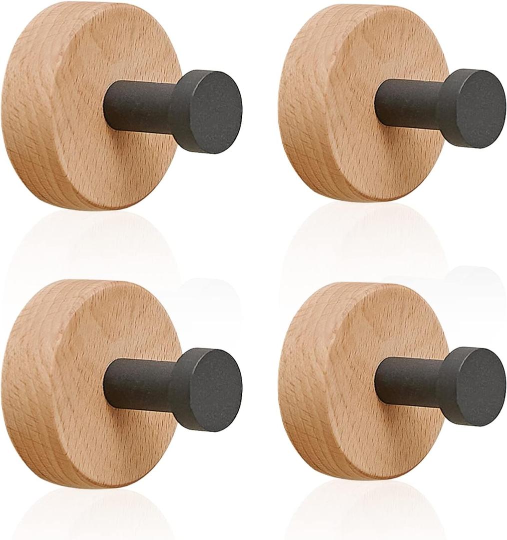 Adhesive Wood Coat Hooks - 4 Pack Beech Wood Wall Hooks Natural Rustproof Coat Rack Adhesive Hooks for Wall, Towel Hooks for Hanging Coats, Hats, Bags, Keys (Style C)