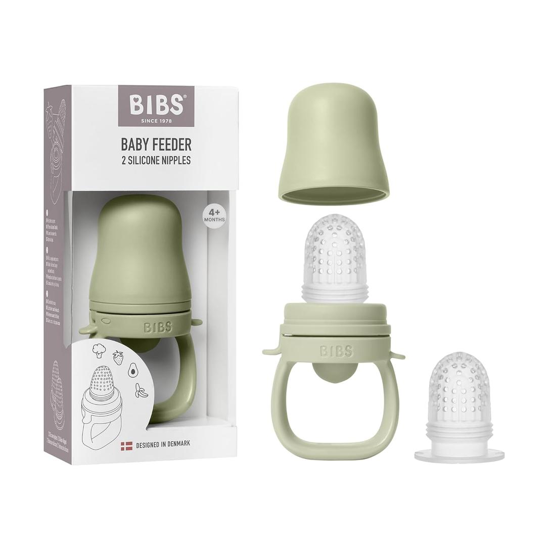 BIBS Baby Feeder with 2 Silicone Nipples, Compatible with Freezer Tray, Easy-Grip, BPA-Free - Ideal for Teething & Self-Feeding, 4+ Months - Sage