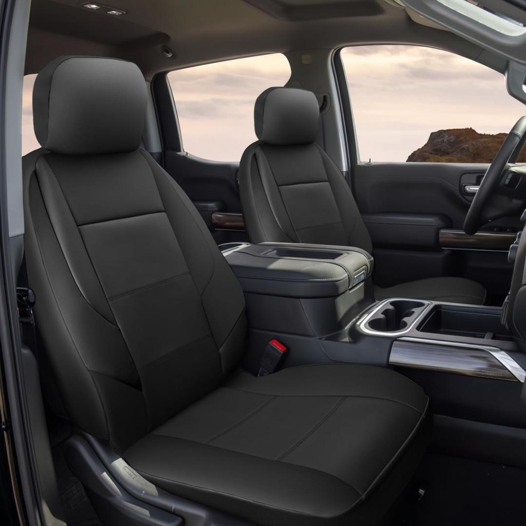 GIANT PANDA Front Car Seat Cover Customized Fit Chevy Silverado 1500 2500 3500 Trucks Seat ProtectorsFaux Leather (Black) 2-Pack (Built-in seat belt (not compatible))