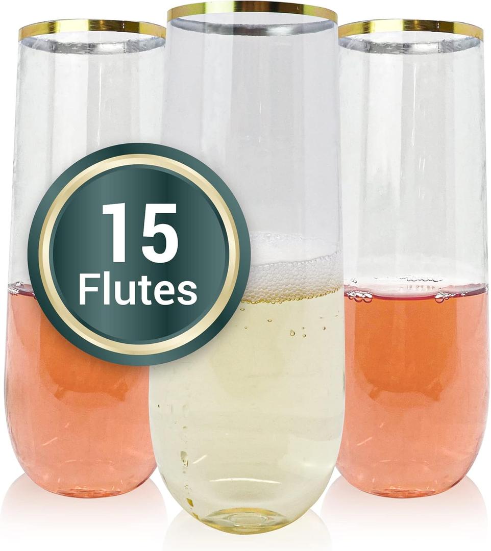 Reli. Champagne Flutes Plastic | 15 Pack | 9 oz - Gold Rim Clear | Stemless Premium Plastic Champagne Flutes | Party-Perfect for Celebrations