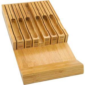 VaeFae Bamboo Knife Drawer Organizer, Knife Drawer Organizer Insert, Kitchen Drawer Knife Block for 12 Knives and a PLUS Slot for your Knife Sharpener (Without Knives)