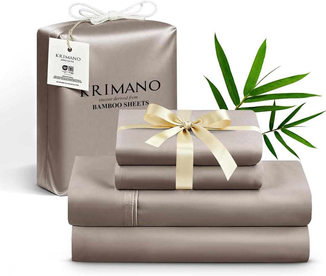 Queen Size Sheet Set, Viscose Bamboo Sheets for Bed Set 4pcs, 100% Viscose Derived from Bamboo, Hotel Luxury Silky & Cooling for Hot Sleepers, Deep Pocket Up to 17", Taupe