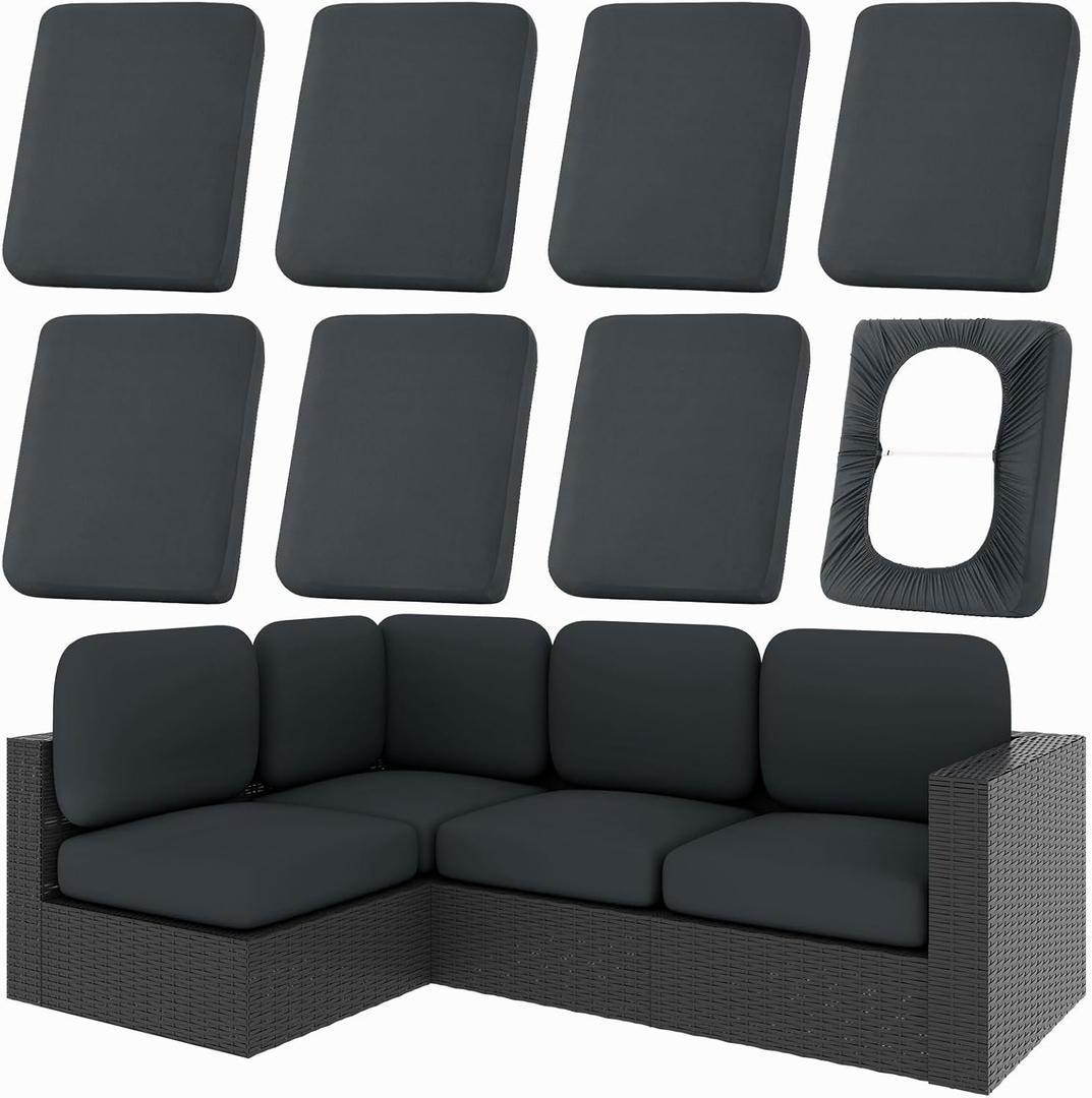 hyha 8Pcs Patio Cushion Covers, Stretch Outdoor Couch Cushion Covers, Washable Outdoor Chair/Sofa Slipcovers for Patio Furniture Cushions Protector with Elastic Bottom(Dark Gray,Cover Only)