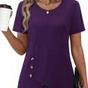 Casual Tunic Tops for Women Short Sleeve T Shirt Asymmetrical Summer Dressy | Stretchable Basic Tops Round Neck Asymmetric Hem Decorative Button Detail Soft Fabric Relaxed Fit Business Casual Tee (Purple, M)