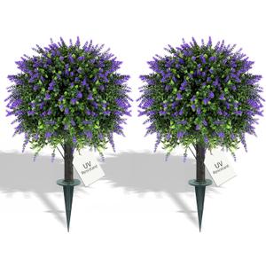 27.2" Artificial Lavender Topiary Set of 2 with Spike, Fake Plants Boxwood Balls Greenery Shrubs , Uv Resistant Artificial Push in Flowers Bushes for Outdoor Front Porch Decor, Home Faux Plants Indoor