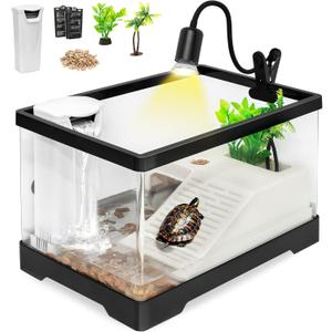 Turtle Tank Kit,PC Large Red Eared Slider Aquarium,Aquatic Baby Tortoise Habitat for Fishes and Amphibians,Include Filter*1,Filter Plates*2,Plants*2,Lamp*1,Bulb*1,Stone*1,Basking Platform*1 (L(15.75*8.07*8.85inch))