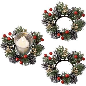 2 Pieces Christmas Candle Rings Wreaths,Artificial Flower Gold Red Berries Pinecones Snowy Pine Garland Winter Candle Holders, Christmas Wedding Home Table Centerpieces Decorations