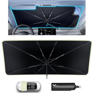 helloleiboo Car Windshield Sun Shade Umbrella 57" x 32", Windshield Sun Shade Foldable with 5-Layer Thickened Vinyl Coating Reflective Heat & UV Protection Fits Most Sedans & Compact SUVs