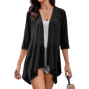 Totatuit Women's 3/4 Sleeve Sheer Cardigan Open Front Lightweight Kimono Casual Loose Beach Cover Up (XX-Large, Black)