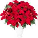 FUANGUI 4 Bundles Poinsettias Artificial Christmas Thanksgiving Red Velvet Flowers Bouquet Floral with Pine Needle Holly Berries Holly Leaves for Home Wedding Xmas Tree Decoration Vase Garland Wreath