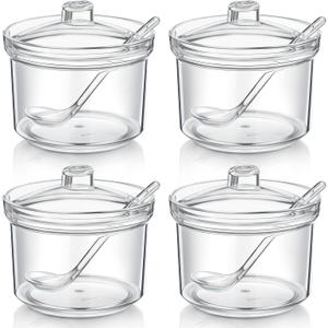 Patelai 4 Pieces Sugar Bowl Acrylic Clear Sugar Bowl with Lid and Salt Spoon Storage Jar with Airtight Lid for Salt, Tea, Spices, Herbs, Condiments(13 oz)