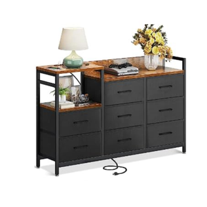 Rengue Dresser TV Stand with Charging Station 52'' Long Entertainment Center with 8 Drawers and Wooden Tabletop Furniture, Bedroom Furniture for Living Room, Hallway, Vintage and Black