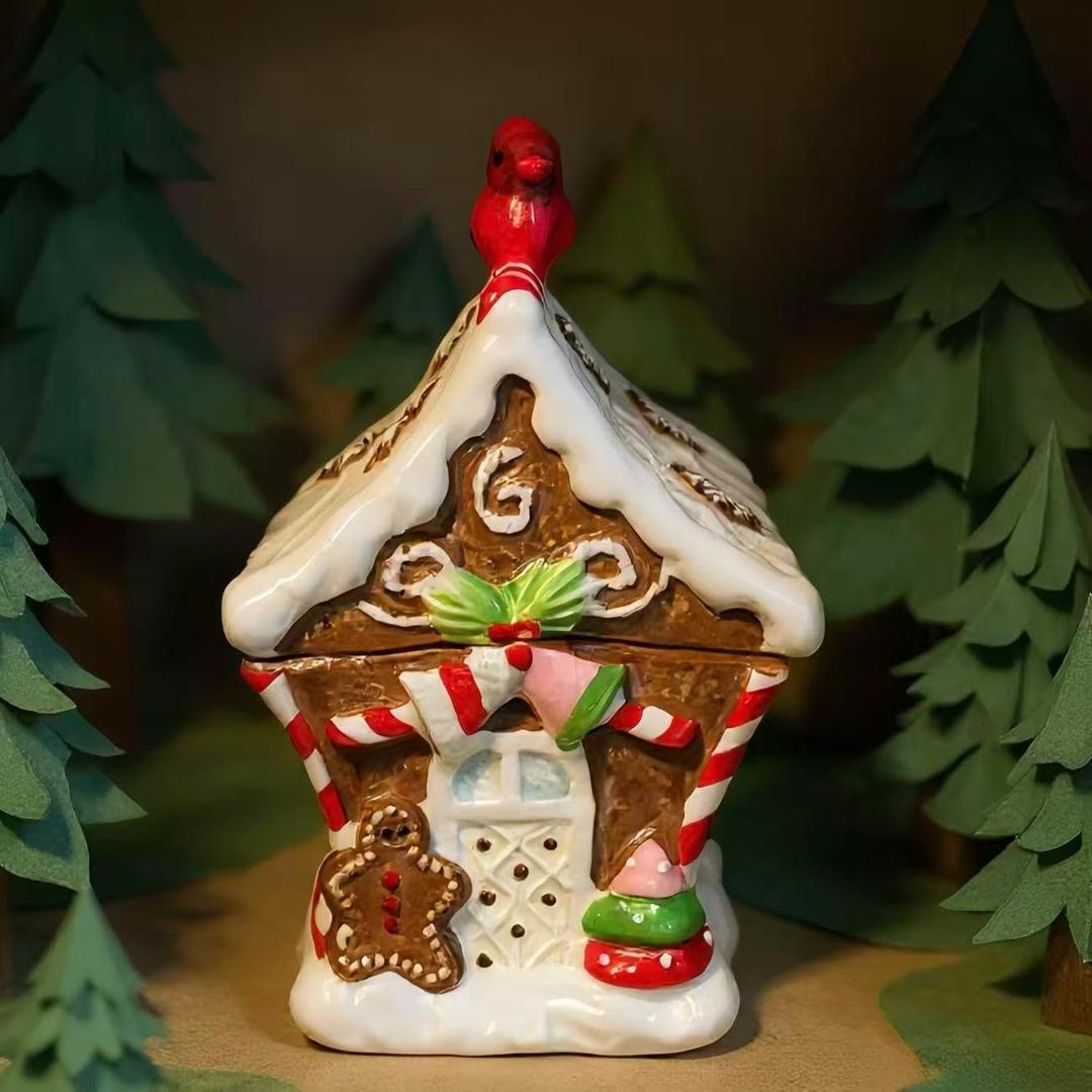 Christmas Gingerbread House Ceramic Storage Container, Holiday Kitchen Decor, 3.35x3.62x5.59 inches