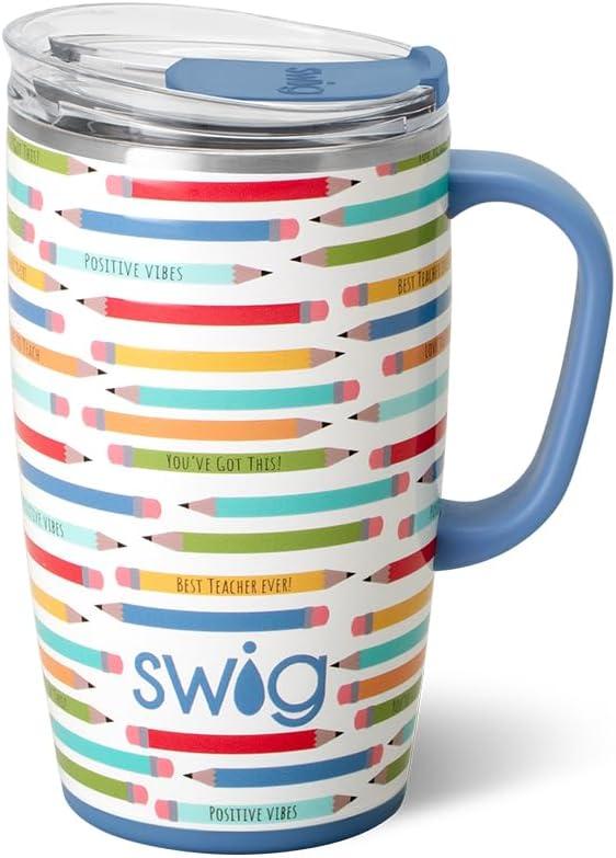 Swig Life 18oz Travel Mug, Insulated Tumbler with Handle and Lid, Cup Holder Friendly, Dishwasher Safe, Stainless Steel, Teacher Gift (Teacher Life)