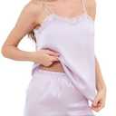 Artfasion Women Silk Cami Pajama Set: Satin Lace Trim 2 Piece Sleepwear Camisole Shorts Set Soft Summer Nightwear for Gifts