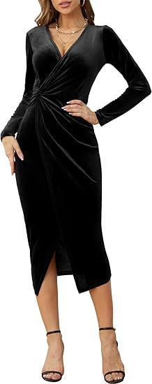 NASHALYLY Elegant Velvet Dress for Women Wrap V Neck Long Sleeve Split Bodycon Ruched Cocktail Party Maxi Dress(Black, Size XL)
