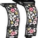 Floral Bracelet Compatible with Apple Watch Band 38mm 40mm 41mm 42mm iWatch Bands Series 11 10 9 8 7 6,Bling Crystal Hollow Metal Strap,Cute Women Dressy Jewelry Wristband(38/40/41/42mm,Black)
