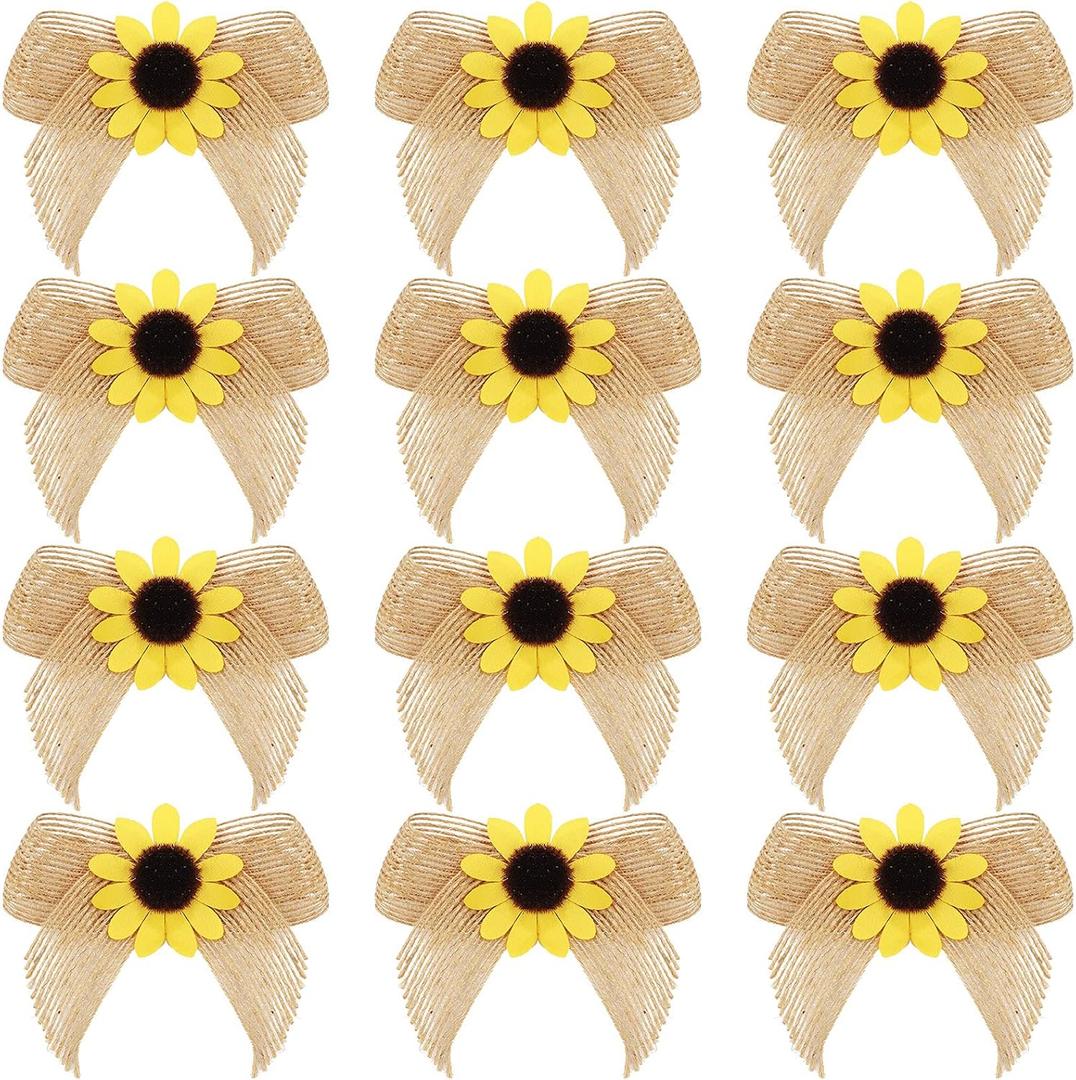 Syhood 12 Pieces Sunflower Burlap Bow 3 Inch Summer Artificial Handmade Wreath Bow Fall Natural Sunflower Decor for Crafts Summer Fall Christmas Tree DIY Home Decoration