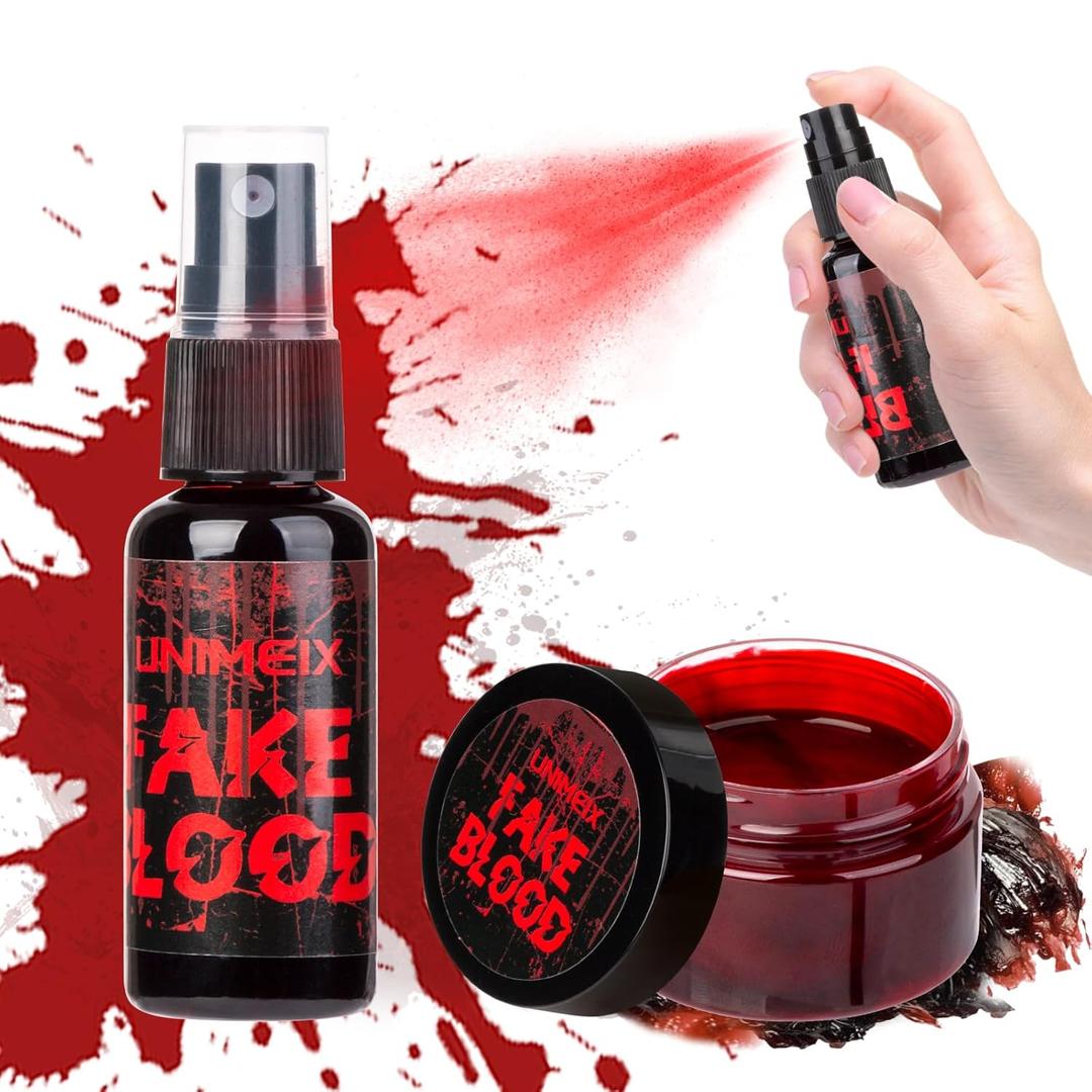 UNIMEIX 1 OZ Fake Blood Spray and 1 OZ Gel Fake Blood Makeup Kit Washable Sfx Makeup for Clothes Mouth EyesStage Blood for Halloween Zombie Vampire Cosplay Party (Fresh Red)