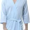 Rojeam Men's Kimono Waffle Robe Unisex Lightweight Soft Knee Length Spa Bathrobe Sleepwear with Pockets (Blue)