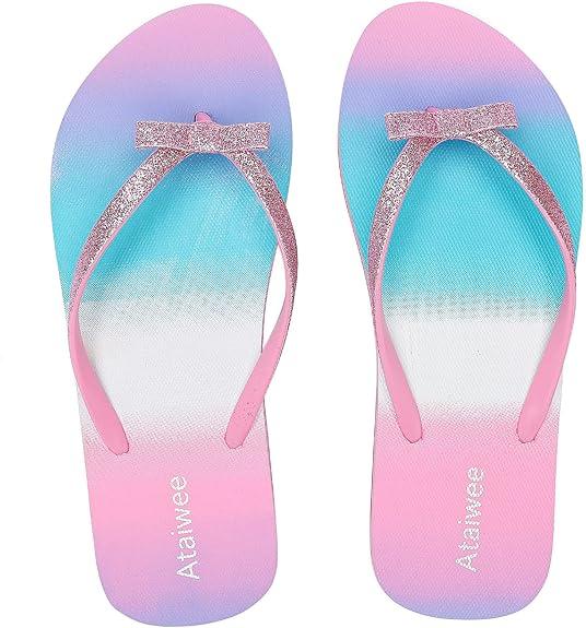 Ataiwee Girls Flip Flop Sandals - Little/Big Kids Easy-On Slide Thong, Animal Fruit Print Summer Beach Water Shoes Size 13 Y