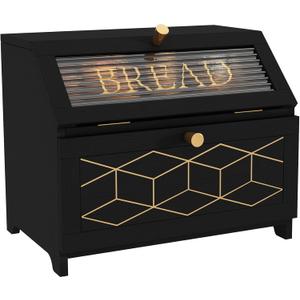 Double Layer Bread Box With Golden Trim for Countertop, Wooden Bread Container for Kitchen Counter, Corner Bread Storage (Black1)