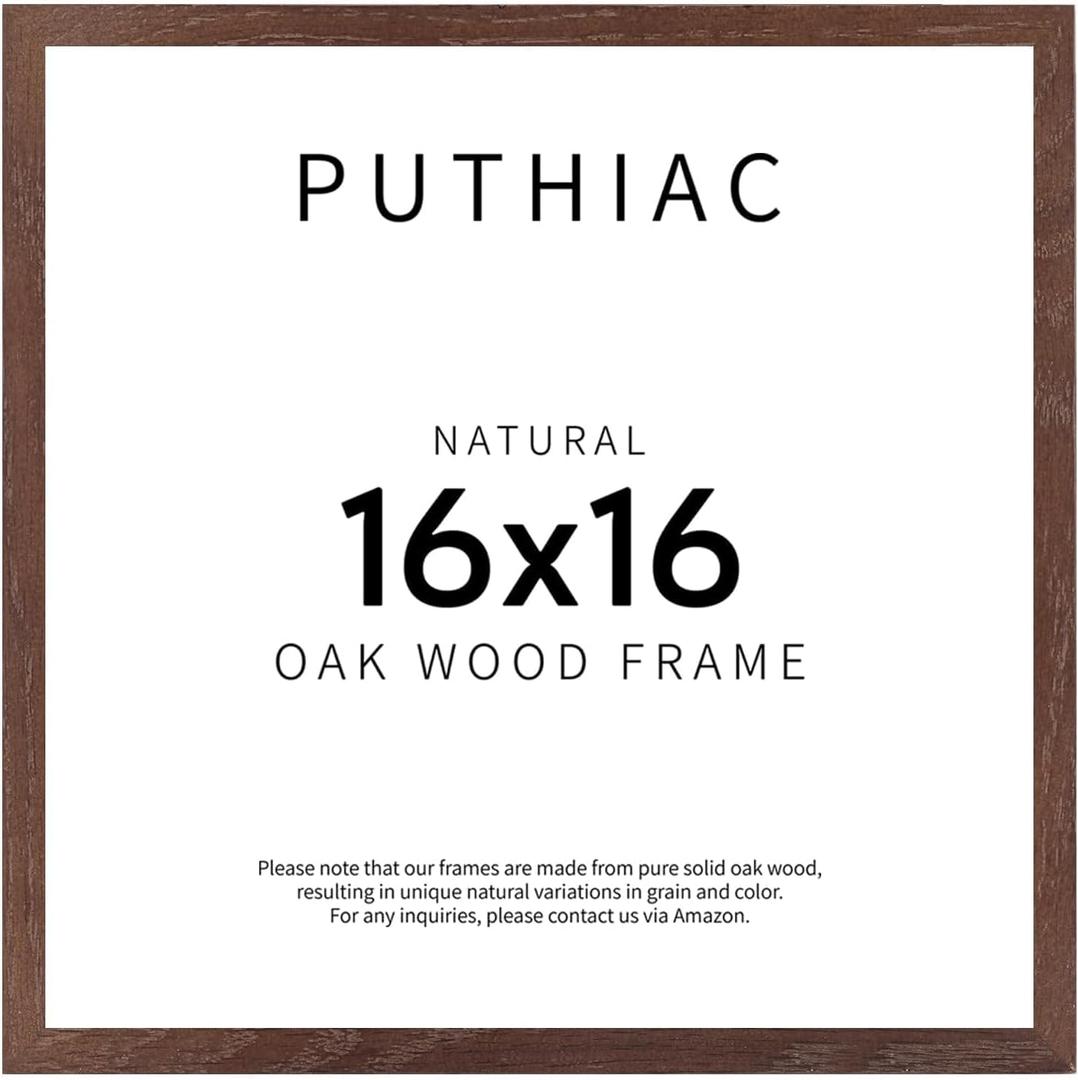 puthiac 16x16 Solid Oak Wood Picture Frame, Fits 12x12 with Mat or 16x16 Without Mat, Wall Display Only, Plexi Front, 1 Pack, Walnut