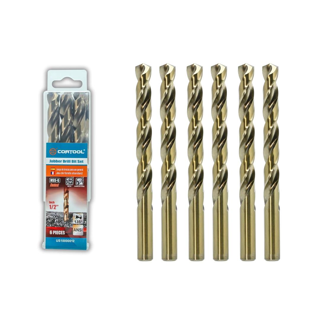 1/2 inch Cobalt Drill Bits (6Pcs), M35 HSS Metal Jobber Length Twist Drill Bit Set for Hard Metal, Stainless Steel, Iron, Copper, Aluminium, Brass, Plastic & Wood